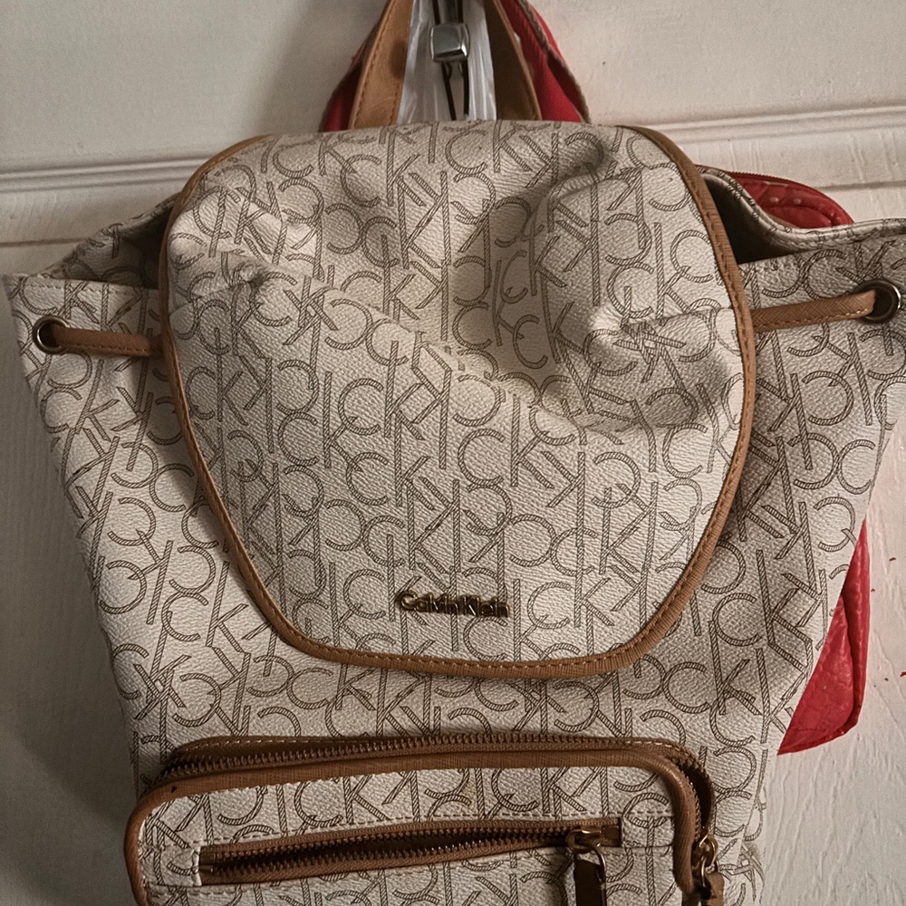 Calvin Klein Cream and Brown Backpack with Signature Design